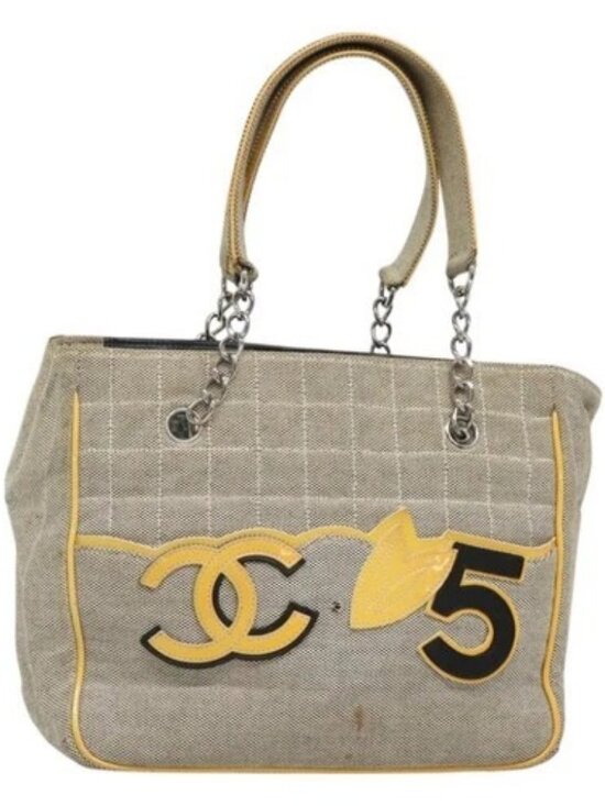 CHANEL Handbags - CHANEL Choco Bar Tote Bag Canvas Beige Yellow CC Auth 116301